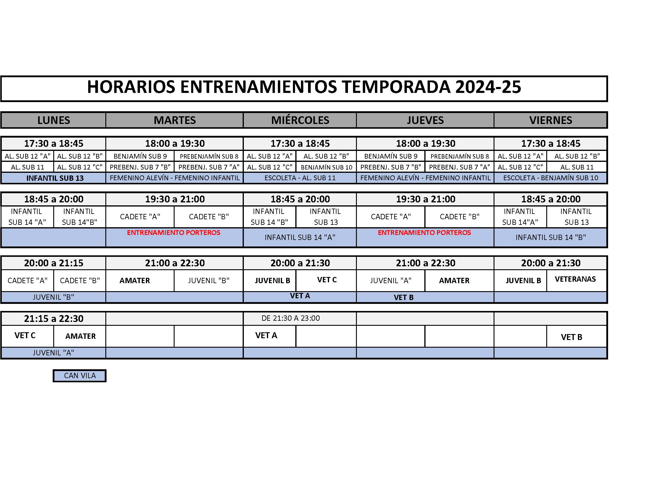 CUADRANTE ENTRENOS TEMPORADA 2024/2025