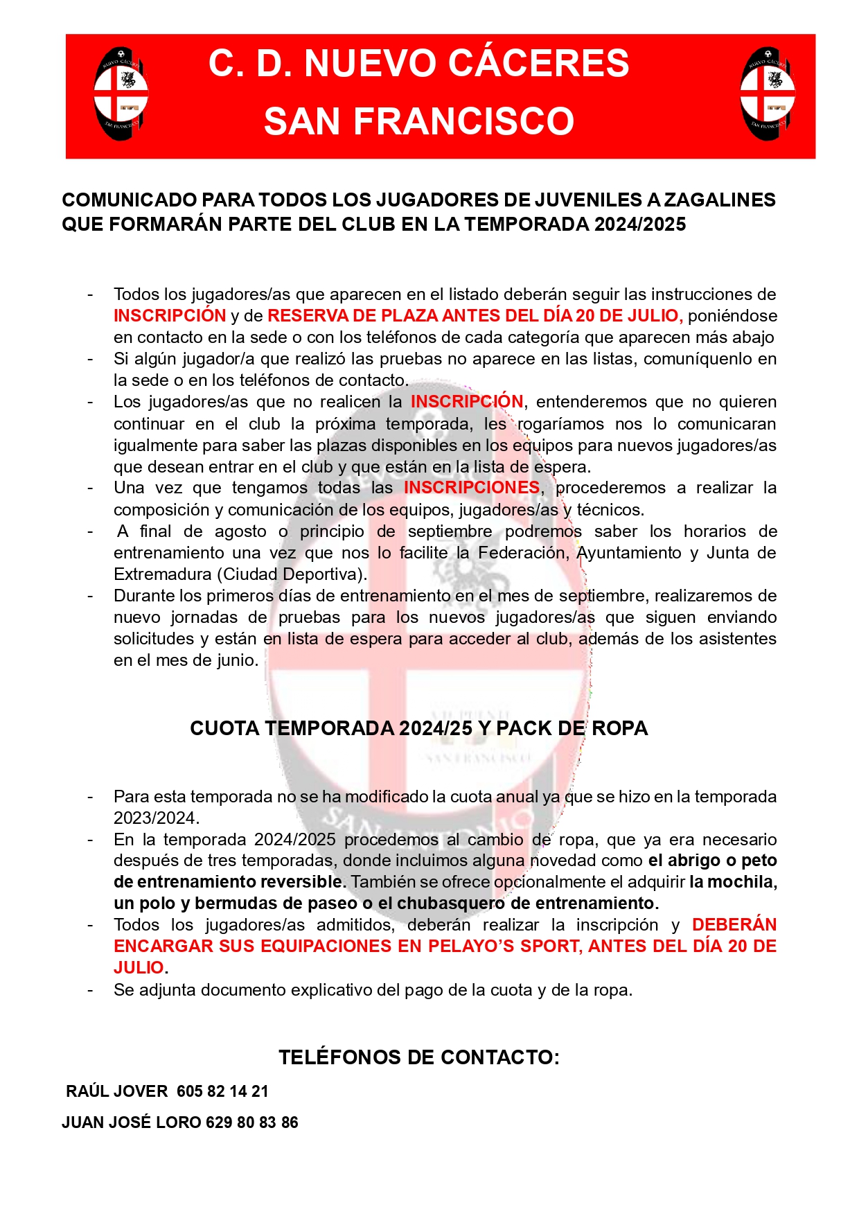 COMUNICADO INFORMATIVO PARA TODOS  LOS JUGADORES DE JUVENILES A ZAGALINES TEMPORADA 2024/2025