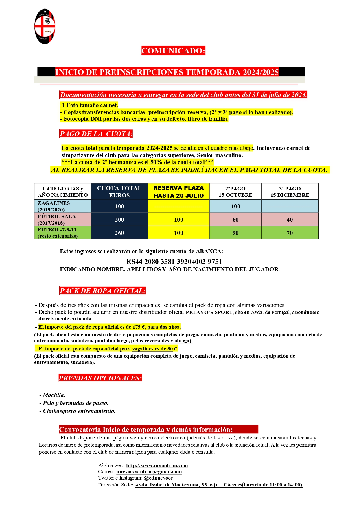 CUOTA Y PACK DE ROPA PARA LA TEMPORADA 2024-2025